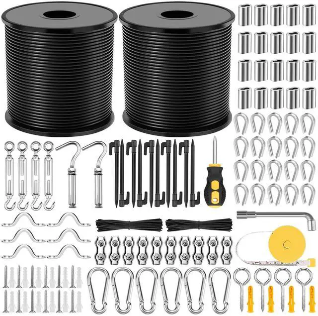 Main image of Flasoo 215Pcs String Light Hanging Kit, Outdoor Light Guide Wire Rope with 240FT Nylon Coated 304 Stainless Steel Cable, Turnbuckle, Hooks and Enough Accessories