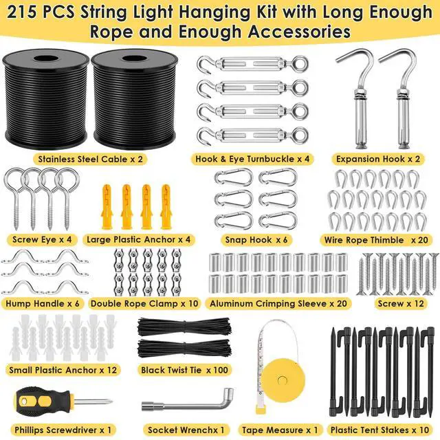 Alt view image 2 of 7 - Flasoo 215Pcs String Light Hanging Kit, Outdoor Light Guide Wire Rope with 240FT Nylon Coated 304 Stainless Steel Cable, Turnbuckle, Hooks and Enough Accessories