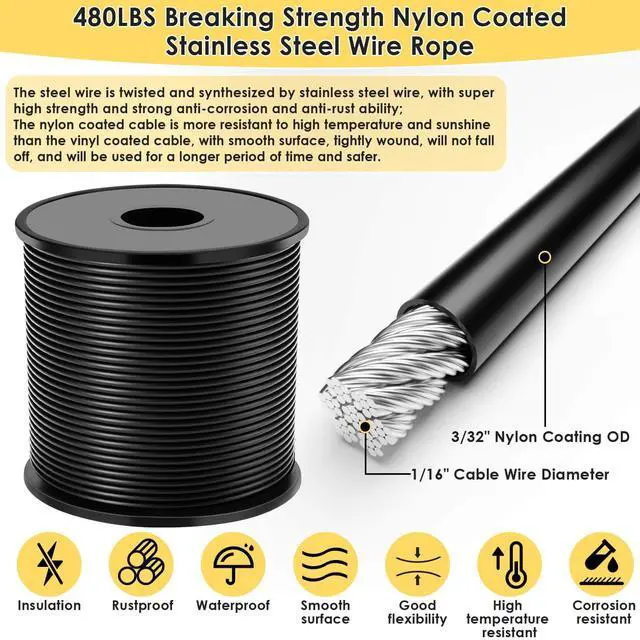 Alt view image 3 of 7 - Flasoo 215Pcs String Light Hanging Kit, Outdoor Light Guide Wire Rope with 240FT Nylon Coated 304 Stainless Steel Cable, Turnbuckle, Hooks and Enough Accessories