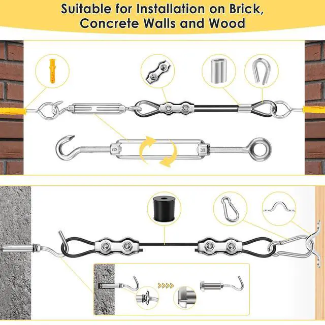 Alt view image 4 of 7 - Flasoo 215Pcs String Light Hanging Kit, Outdoor Light Guide Wire Rope with 240FT Nylon Coated 304 Stainless Steel Cable, Turnbuckle, Hooks and Enough Accessories