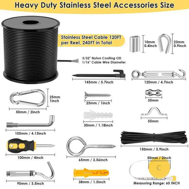 Alt view image 6 of 7 - Flasoo 215Pcs String Light Hanging Kit, Outdoor Light Guide Wire Rope with 240FT Nylon Coated 304 Stainless Steel Cable, Turnbuckle, Hooks and Enough Accessories