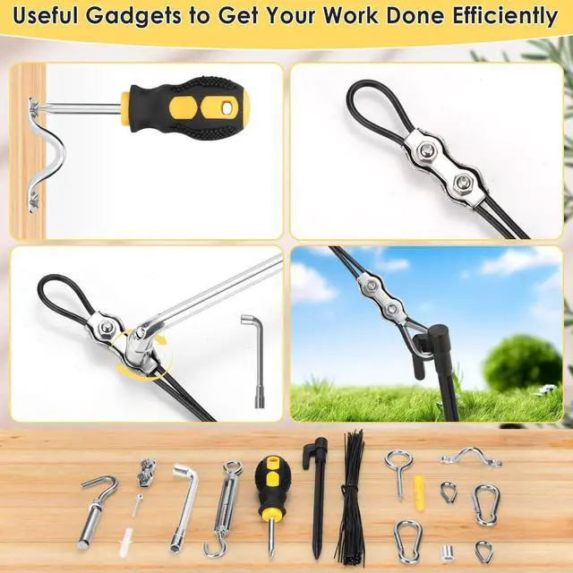 Alt view image 5 of 7 - Flasoo 215Pcs String Light Hanging Kit, Outdoor Light Guide Wire Rope with 240FT Nylon Coated 304 Stainless Steel Cable, Turnbuckle, Hooks and Enough Accessories