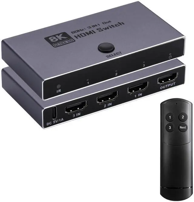 Main image of 2026 Upgrade 8K HDMI 2.1 Switch, HDMI 2.1 Switcher 3 In 1 Out Supports CEC 8K@60Hz, 4K@240Hz, 1080P@480Hz HDCP 2.3 HDR Dolby Atmos VRR Compatible with PS5 Xbox Blu-Ray Player with IR remote controller