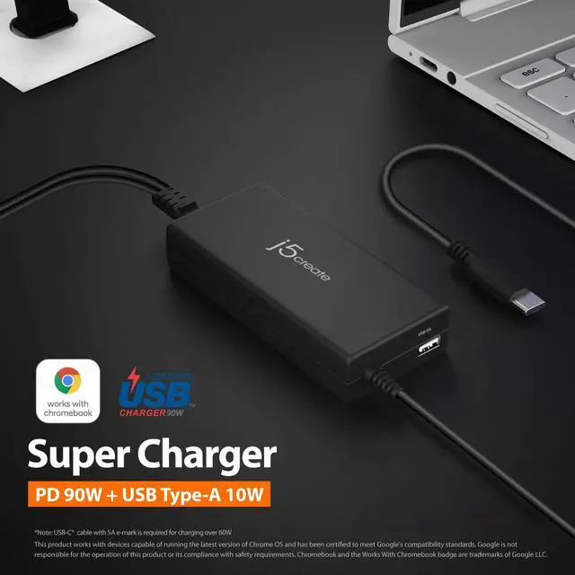 Alt view image 2 of 6 - USB Type C Super Charger PD 90W + USB Type A 10W Fast Charging for Chromebook, Laptop, MacBook Pro 13 (JUP2290C)