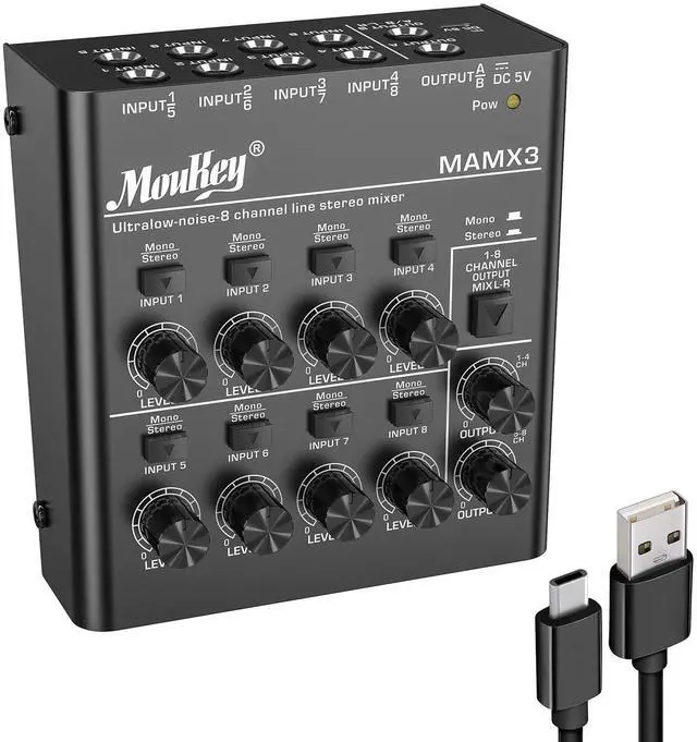 Main image of Audio Mixer, DC 5V, 8 Stereo Ultra, Low Noise 8 Channel Line Mixer for Sub-Mixing, for Small Clubs or Bars, As Guitars, Bass, Keyboards Mixer, MAMX3