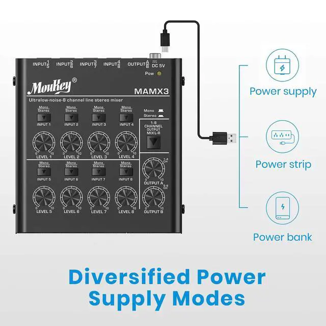 Alt view image 5 of 7 - Audio Mixer, DC 5V, 8 Stereo Ultra, Low Noise 8 Channel Line Mixer for Sub-Mixing, for Small Clubs or Bars, As Guitars, Bass, Keyboards Mixer, MAMX3