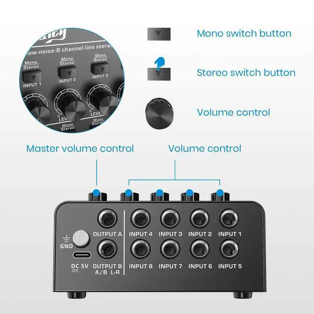 Alt view image 4 of 7 - Audio Mixer, DC 5V, 8 Stereo Ultra, Low Noise 8 Channel Line Mixer for Sub-Mixing, for Small Clubs or Bars, As Guitars, Bass, Keyboards Mixer, MAMX3
