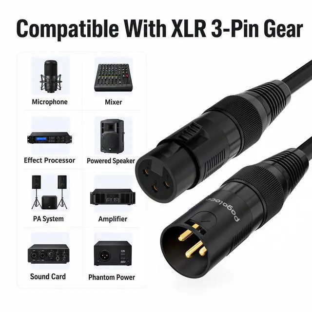Alt view image 4 of 5 - XLR Cable 6-Pack 10FT, 3-Pin Male to Female Microphone Cable, Gold-Plated Pins, for Studio Recording, Live Stage, Home Theater, Podcast