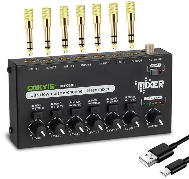 Main image of Mini Audio Mixer, 6-Channel Stereo Line Mixer for Precision Sub-Mixing, with Ultra Low-Noise Operation, Independent Microphone Control, 1/4" TRS Input/Output-for Guitars, Bass, Stage Mixer
