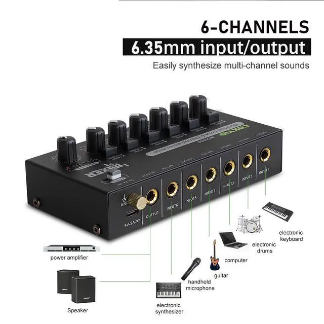 Alt view image 5 of 7 - Mini Audio Mixer, 6-Channel Stereo Line Mixer for Precision Sub-Mixing, with Ultra Low-Noise Operation, Independent Microphone Control, 1/4" TRS Input/Output-for Guitars, Bass, Stage Mixer