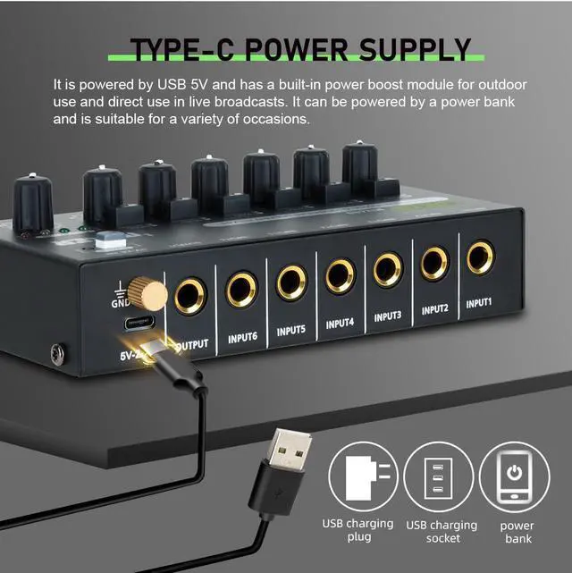 Alt view image 6 of 7 - Mini Audio Mixer, 6-Channel Stereo Line Mixer for Precision Sub-Mixing, with Ultra Low-Noise Operation, Independent Microphone Control, 1/4" TRS Input/Output-for Guitars, Bass, Stage Mixer