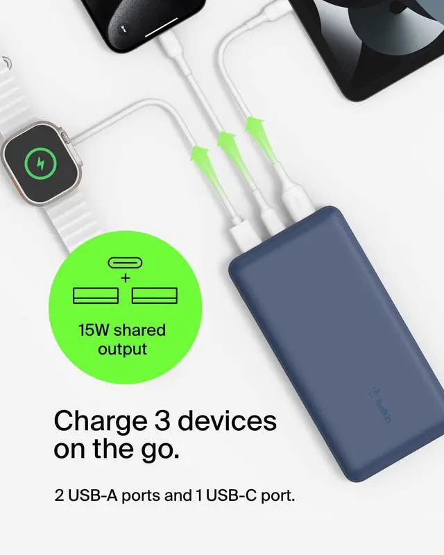 Alt view image 5 of 7 - Portable Charger, USB C Power Bank 20000 mAh w/ 2 USB-A Ports, 15W w/ Type-A to Type-C Cable - iPhone 17, Air, Pro, Pro Max, AirPods, Samsung Galaxy S25, S24, Google Pixel 10, iPad, etc. - Blue