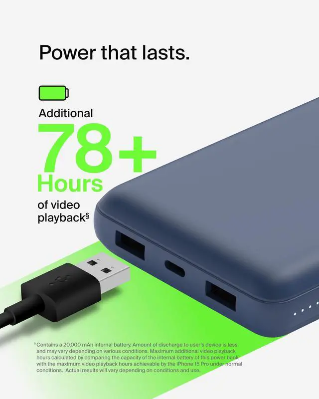 Alt view image 6 of 7 - Portable Charger, USB C Power Bank 20000 mAh w/ 2 USB-A Ports, 15W w/ Type-A to Type-C Cable - iPhone 17, Air, Pro, Pro Max, AirPods, Samsung Galaxy S25, S24, Google Pixel 10, iPad, etc. - Blue