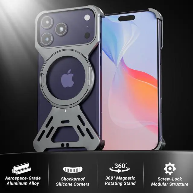 Alt view image 2 of 7 - for iPhone 17 Pro Max Case, Full Aluminum Alloy Body, 360° Magnetic Rotating Stand, Shockproof Corners, Screw-Lock Modular Rugged Protective Cover (Black)