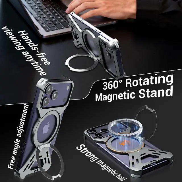 Alt view image 5 of 7 - for iPhone 17 Pro Max Case, Full Aluminum Alloy Body, 360° Magnetic Rotating Stand, Shockproof Corners, Screw-Lock Modular Rugged Protective Cover (Black)