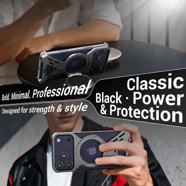 Alt view image 7 of 7 - for iPhone 17 Pro Max Case, Full Aluminum Alloy Body, 360° Magnetic Rotating Stand, Shockproof Corners, Screw-Lock Modular Rugged Protective Cover (Black)