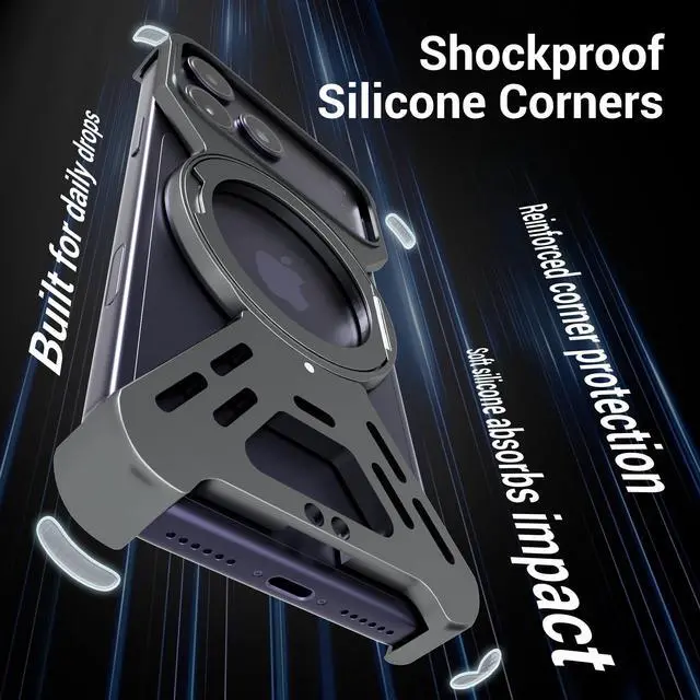 Alt view image 4 of 7 - for iPhone 17 Pro Max Case, Full Aluminum Alloy Body, 360° Magnetic Rotating Stand, Shockproof Corners, Screw-Lock Modular Rugged Protective Cover (Black)