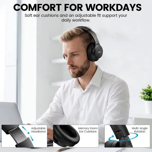 Alt view image 7 of 7 - Y8+ Noise Cancelling Headphones Bluetooth 6.0 Over-Ear Wireless, Black