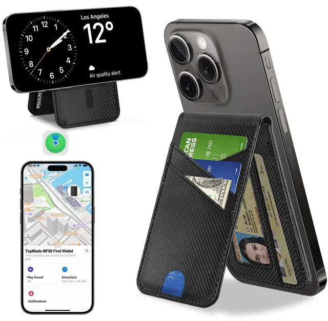 Main image of for MagSafe Wallet, Works with Apple Find My, Magnetic Wallet for iPhone 17/16/15/14/13/12 Series, for iPhone Wallet Stand with Finder Tracker, 6 Card Holder, RFID Blocking, Black Carbon Fiber