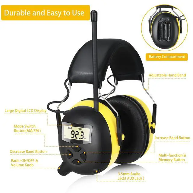 Alt view image 5 of 7 - AM/FM Radio Headphones with Digital Display, 30dB AM FM Hearing Protection Safety Ear Muff, Ear Protection Headphone for Mowing, Landscaping, Shooting and Construction Black-Yellow