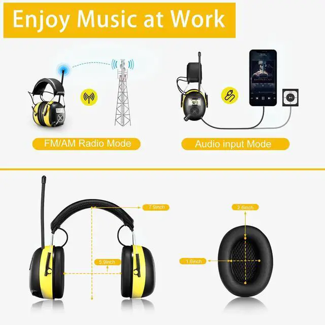 Alt view image 4 of 7 - AM/FM Radio Headphones with Digital Display, 30dB AM FM Hearing Protection Safety Ear Muff, Ear Protection Headphone for Mowing, Landscaping, Shooting and Construction Black-Yellow