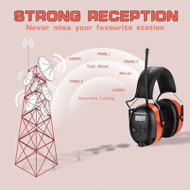 Alt view image 2 of 6 - 027 AM FM Radio Headphones with Digital Display, 25dB NRR, Safety Ear Protection Earmuffs for Mowing, Snowblowing, Construction, Work Shops - Orange