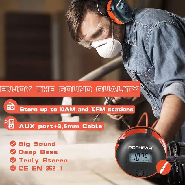 Alt view image 3 of 6 - 027 AM FM Radio Headphones with Digital Display, 25dB NRR, Safety Ear Protection Earmuffs for Mowing, Snowblowing, Construction, Work Shops - Orange