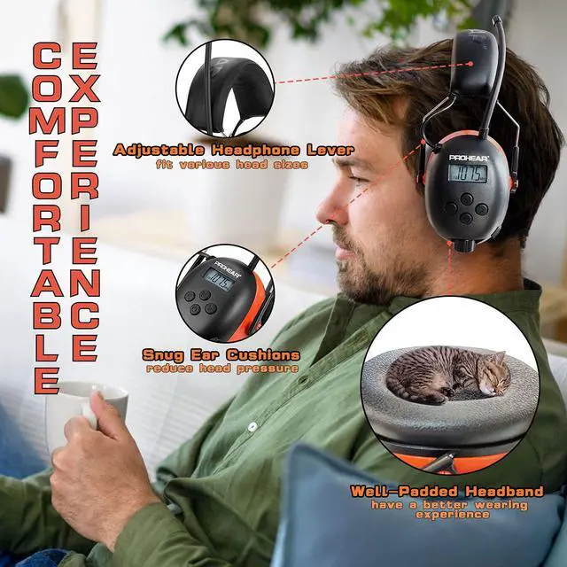 Alt view image 5 of 6 - 027 AM FM Radio Headphones with Digital Display, 25dB NRR, Safety Ear Protection Earmuffs for Mowing, Snowblowing, Construction, Work Shops - Orange