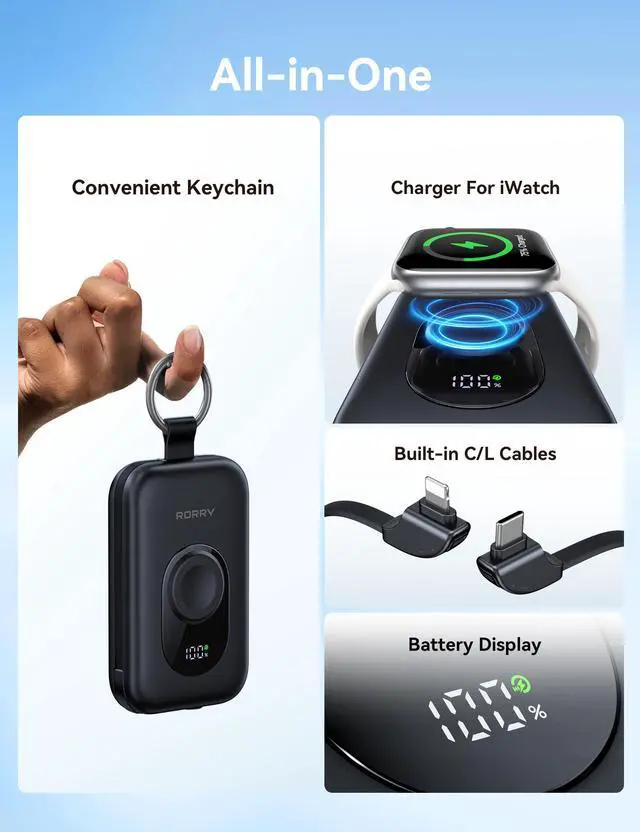 Alt view image 2 of 6 - CharmGo Portable Charger, 20000mAh PD 30W Portable Charger Power Bank with 2 Built-in Cables, Fast Charging Battery Pack with Keychain, Travel Essentials for iPhone, Apple Watch, iPad, Black