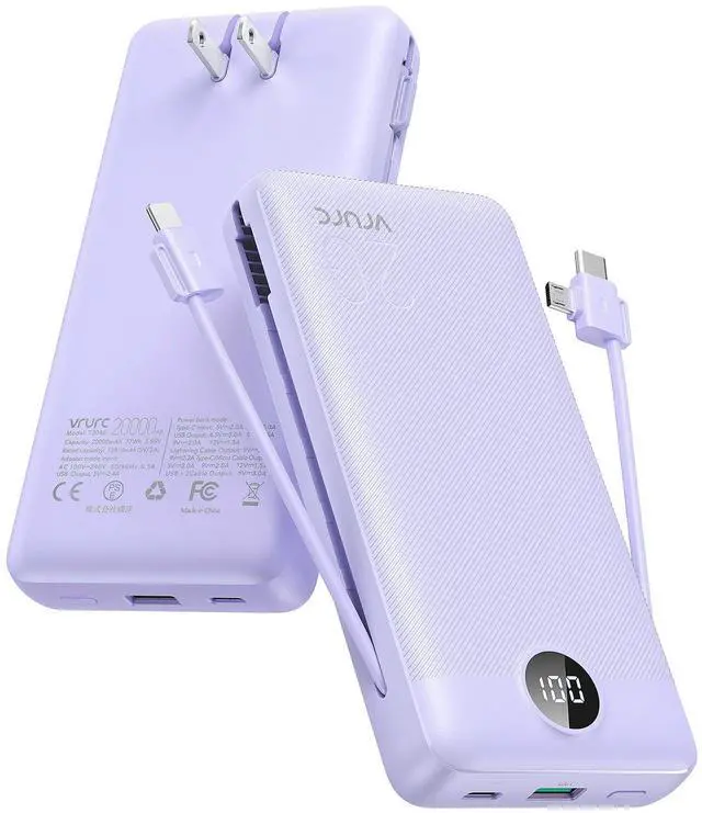 Main image of Portable Charger 20000mAh, Fast Charging Power Bank USB C,4 Output 2 Input Travel Essentials Charging Bank Equipped with LED Display,Built-in Wall Plug and Cables,Phone Charger Battery,Purple