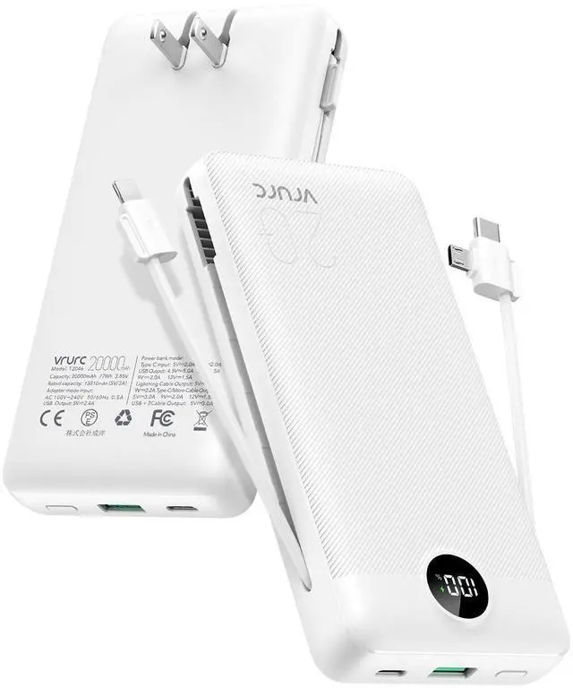 Main image of Power Bank 20000mAh, Fast Charging Portable Charger USB C,4 Output 2 Input Travel Essentials Charging Bank Equipped with LED Display,Built-in Wall Plug and Cables,Phone Charger Battery,White