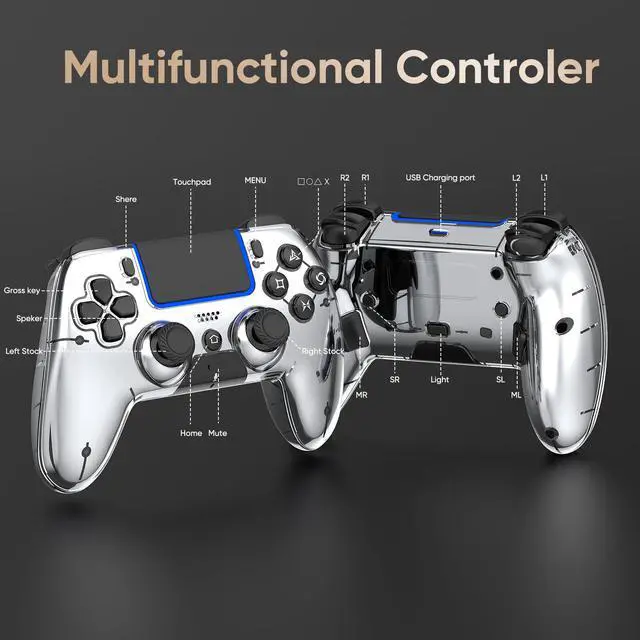 Alt view image 2 of 7 - Wireless Controller for PS5/PS5 Pro/Slim/PC/Steam Deck, Gamepad with Macro/Turbo Function, Dual Vibration, Hall Effect Joysticks, 6-Axis Motion Gaming Controller with Speaker, 3.5mm Jack - Metallic