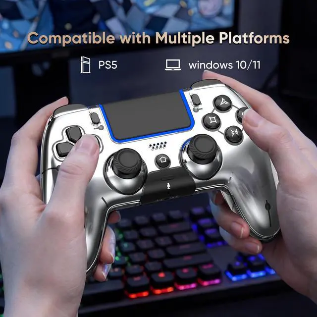 Alt view image 7 of 7 - Wireless Controller for PS5/PS5 Pro/Slim/PC/Steam Deck, Gamepad with Macro/Turbo Function, Dual Vibration, Hall Effect Joysticks, 6-Axis Motion Gaming Controller with Speaker, 3.5mm Jack - Metallic