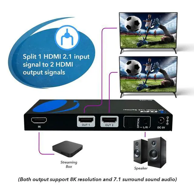 Alt view image 3 of 7 - 8K HDMI Splitter 1 X 2, Duplicate with Audio Extractor UltraHD Supports Upto 4K @ 120Hz IR EDID HDCP 2.3 - (BK-102A) (1x2 - Audio Out)