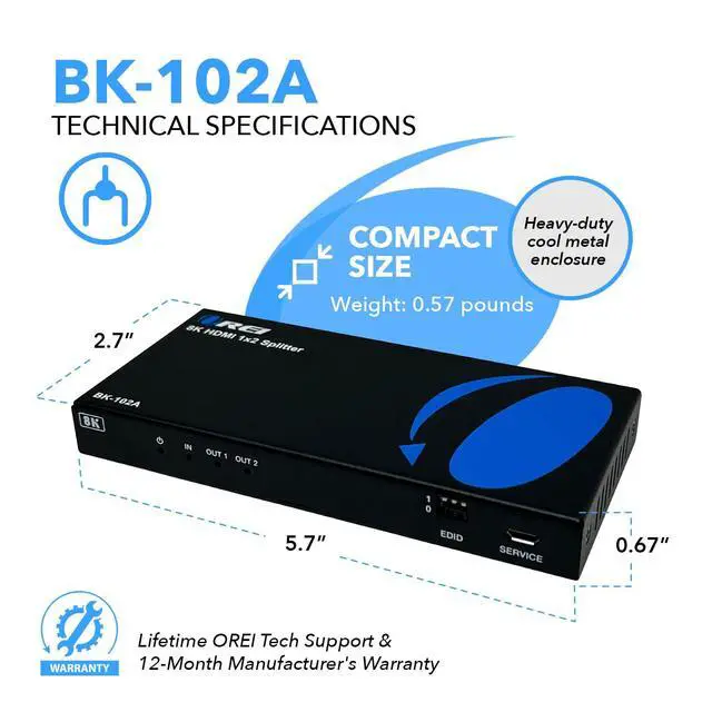 Alt view image 5 of 7 - 8K HDMI Splitter 1 X 2, Duplicate with Audio Extractor UltraHD Supports Upto 4K @ 120Hz IR EDID HDCP 2.3 - (BK-102A) (1x2 - Audio Out)