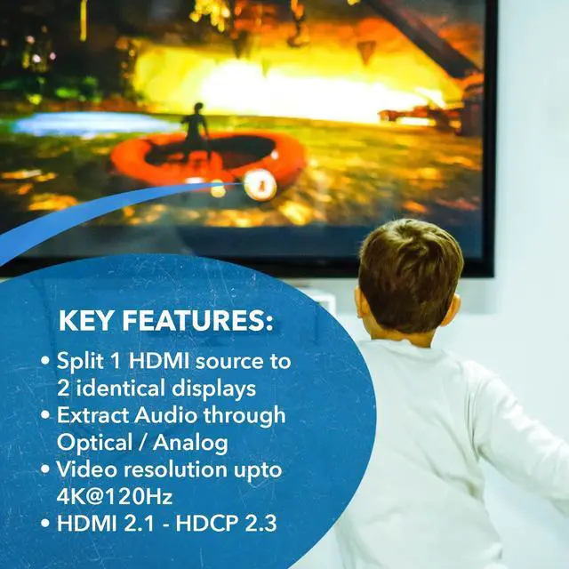 Alt view image 7 of 7 - 8K HDMI Splitter 1 X 2, Duplicate with Audio Extractor UltraHD Supports Upto 4K @ 120Hz IR EDID HDCP 2.3 - (BK-102A) (1x2 - Audio Out)