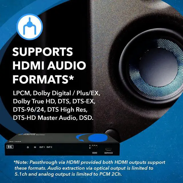 Alt view image 6 of 7 - 8K HDMI Splitter 1 X 2, Duplicate with Audio Extractor UltraHD Supports Upto 4K @ 120Hz IR EDID HDCP 2.3 - (BK-102A) (1x2 - Audio Out)