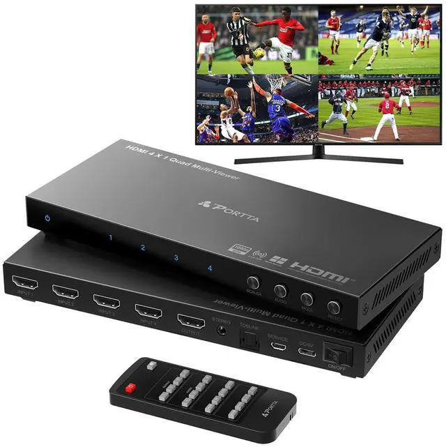 Main image of HDMI Multiviewer Switch 4x1 with PIP, PORTTA Quad Multi Viewer Seamless Switcher 4 in 1 Out with Toslink, 3.5mm Audio Output Support 1080p 60Hz, 6 Viewing Modes, Downscaler, Compatible with PS4 Xbox