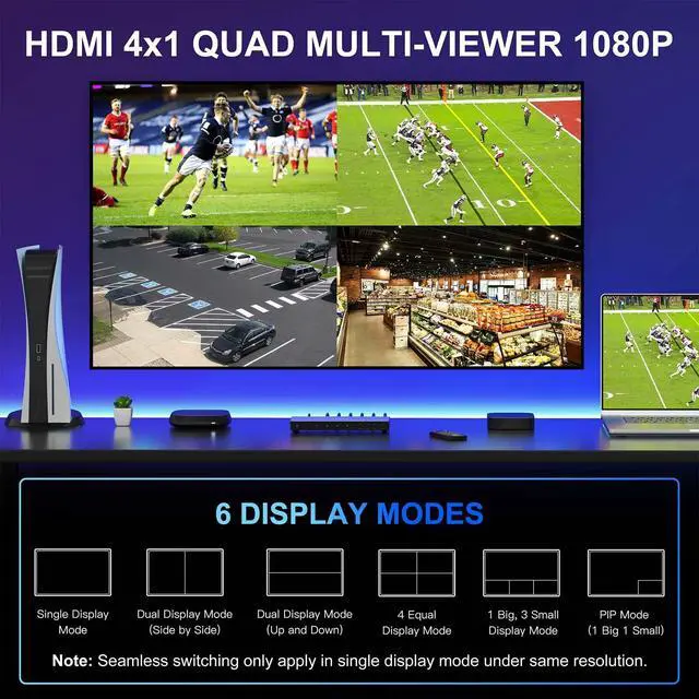 Alt view image 2 of 7 - HDMI Multiviewer Switch 4x1 with PIP, PORTTA Quad Multi Viewer Seamless Switcher 4 in 1 Out with Toslink, 3.5mm Audio Output Support 1080p 60Hz, 6 Viewing Modes, Downscaler, Compatible with PS4 Xbox