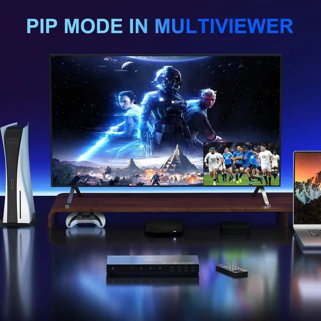 Alt view image 4 of 7 - HDMI Multiviewer Switch 4x1 with PIP, PORTTA Quad Multi Viewer Seamless Switcher 4 in 1 Out with Toslink, 3.5mm Audio Output Support 1080p 60Hz, 6 Viewing Modes, Downscaler, Compatible with PS4 Xbox