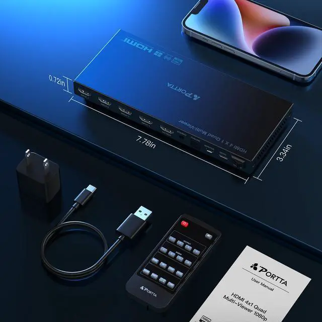 Alt view image 7 of 7 - HDMI Multiviewer Switch 4x1 with PIP, PORTTA Quad Multi Viewer Seamless Switcher 4 in 1 Out with Toslink, 3.5mm Audio Output Support 1080p 60Hz, 6 Viewing Modes, Downscaler, Compatible with PS4 Xbox