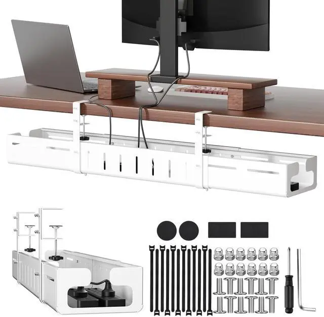 Main image of Under Desk Cable Management, Expandable 25.2"38.6" Cable Management Under Desk No Drill, Heavy Duty Carbon Steel with Clamp, Hidden Cord Organizer for Desk, Home Office Standing Desk White