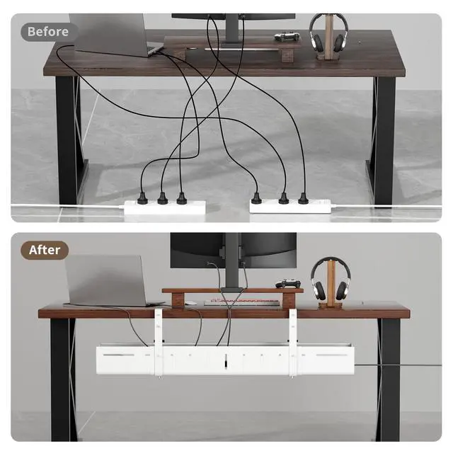 Alt view image 3 of 7 - Under Desk Cable Management, Expandable 25.2"38.6" Cable Management Under Desk No Drill, Heavy Duty Carbon Steel with Clamp, Hidden Cord Organizer for Desk, Home Office Standing Desk White