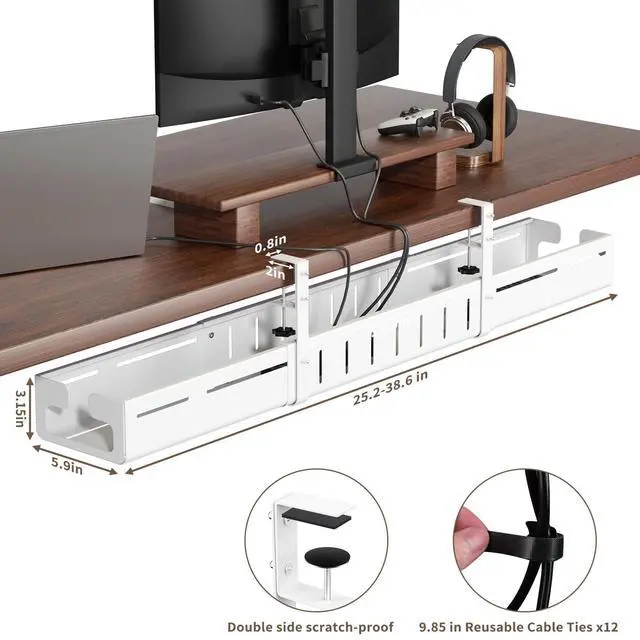 Alt view image 4 of 7 - Under Desk Cable Management, Expandable 25.2"38.6" Cable Management Under Desk No Drill, Heavy Duty Carbon Steel with Clamp, Hidden Cord Organizer for Desk, Home Office Standing Desk White