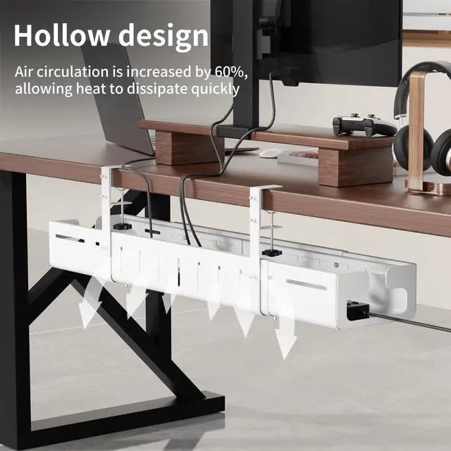 Alt view image 5 of 7 - Under Desk Cable Management, Expandable 25.2"38.6" Cable Management Under Desk No Drill, Heavy Duty Carbon Steel with Clamp, Hidden Cord Organizer for Desk, Home Office Standing Desk White