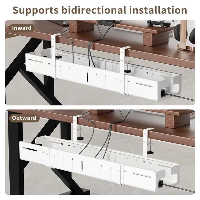 Alt view image 7 of 7 - Under Desk Cable Management, Expandable 25.2"38.6" Cable Management Under Desk No Drill, Heavy Duty Carbon Steel with Clamp, Hidden Cord Organizer for Desk, Home Office Standing Desk White