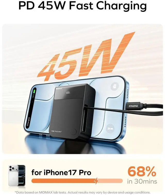 Alt view image 2 of 7 - Mini Portable Charger, 10000mAh Power Bank with 2.1 ft Retractable USB-C Cable, 45W Fast Charging, LED Display, Travel Battery Pack for iPhone 17/16, iPad, Galaxy and Pixel