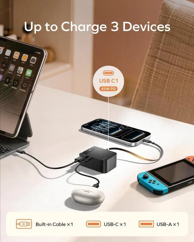 Alt view image 3 of 7 - Mini Portable Charger, 10000mAh Power Bank with 2.1 ft Retractable USB-C Cable, 45W Fast Charging, LED Display, Travel Battery Pack for iPhone 17/16, iPad, Galaxy and Pixel