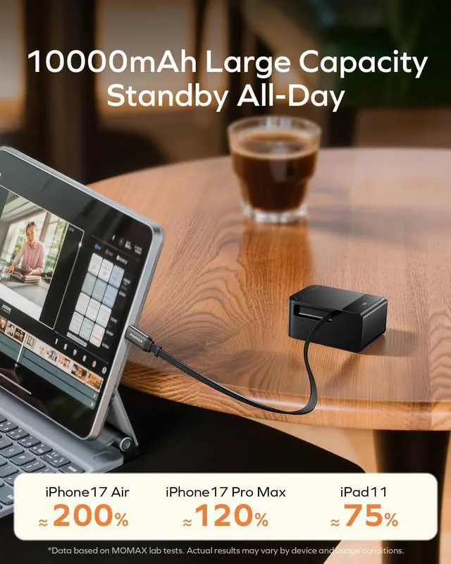 Alt view image 5 of 7 - Mini Portable Charger, 10000mAh Power Bank with 2.1 ft Retractable USB-C Cable, 45W Fast Charging, LED Display, Travel Battery Pack for iPhone 17/16, iPad, Galaxy and Pixel
