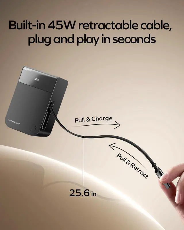 Alt view image 4 of 7 - Mini Portable Charger, 10000mAh Power Bank with 2.1 ft Retractable USB-C Cable, 45W Fast Charging, LED Display, Travel Battery Pack for iPhone 17/16, iPad, Galaxy and Pixel